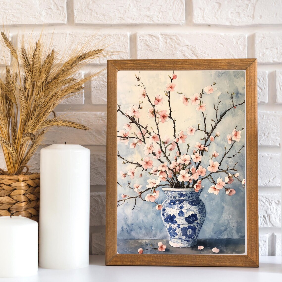 Cherry Blossom Branches in a Blue and White Porcelain Vase Print - Image 2