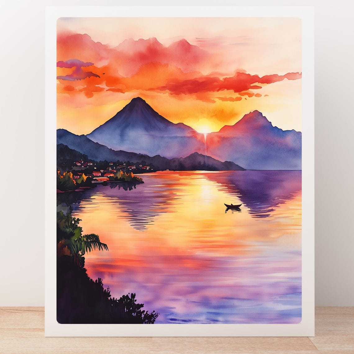 Sunrise Over Lake Atitlan with Volcanoes and a Lone Canoe Poster - Image 4