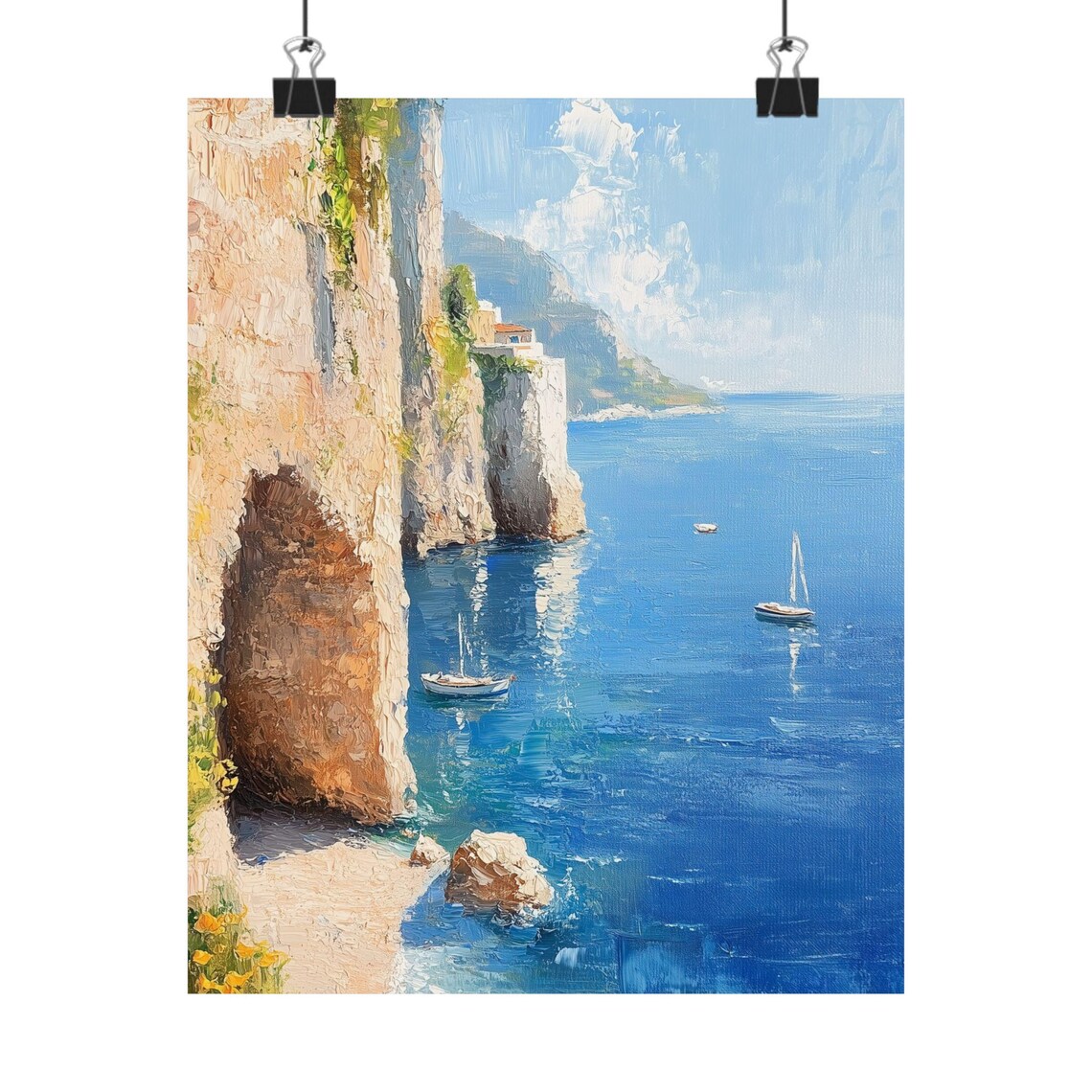 Amalfi Coast Italian Riviera Hidden Cove Sailboats Sunlit Oil Poster