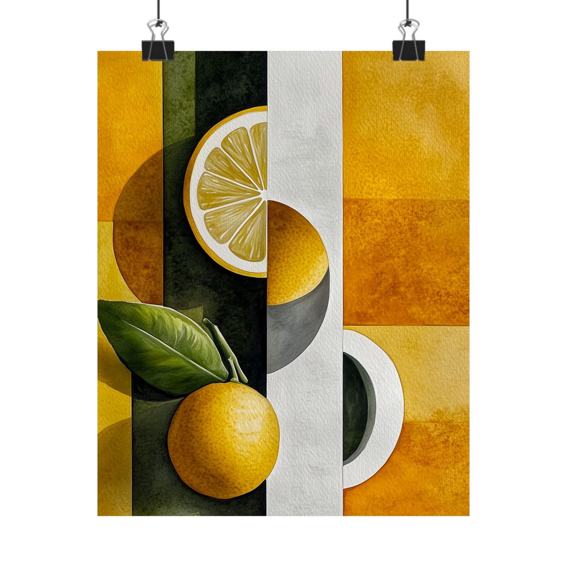 Abstract Lemon Art Print Geometric Citrus Painting Modern Kitchen Decor Yellow And Green Wall Art Contemporary Fruit Artwork