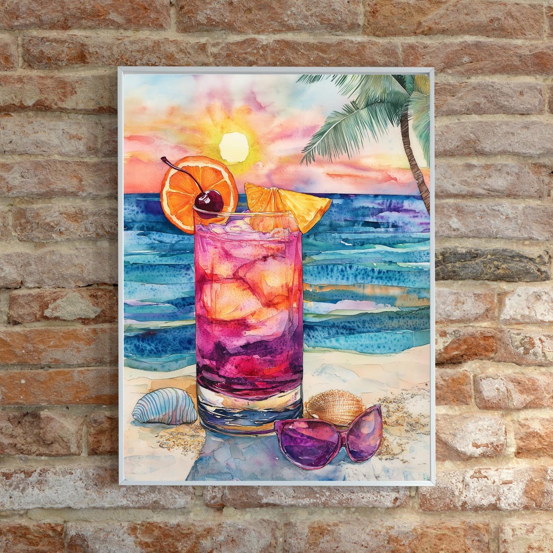 Pink Tropical Cocktail with Orange on a Beach at Sunset Poster - Image 3