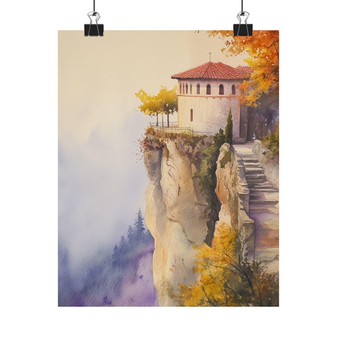Cliffside Monastery Chapel in Golden Autumn Mist Watercolor Poster