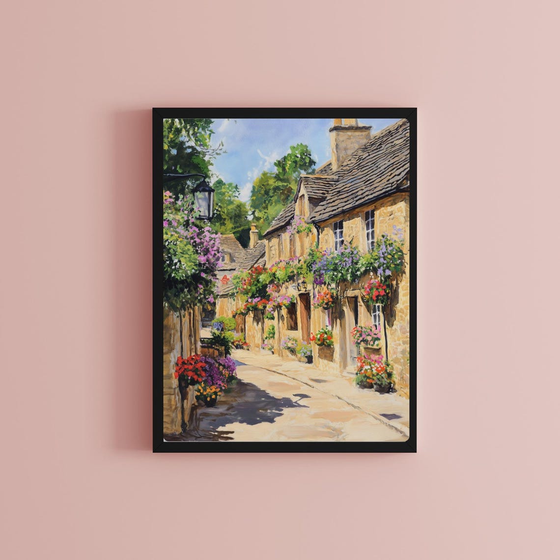 Cotswolds Stone Cottages Hanging Flower Baskets Street Poster - Image 2