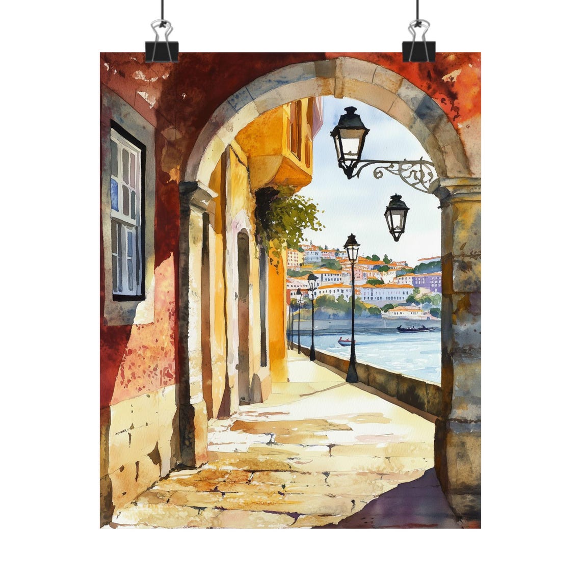 Porto Stone Arch Overlook with Douro River View Watercolor Poster