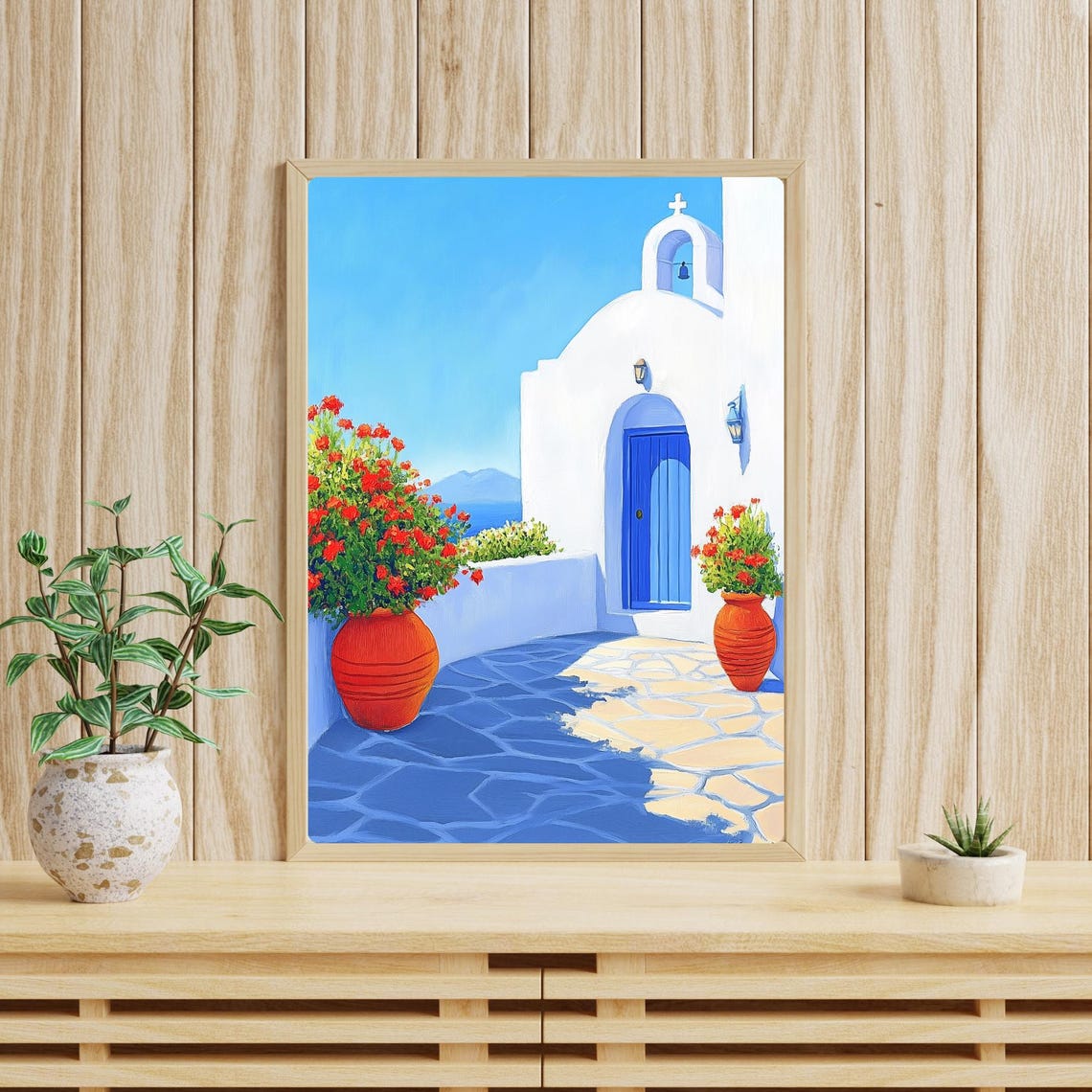 Santorini Greece White Church Blue Door Terracotta Geraniums Poster - Image 3
