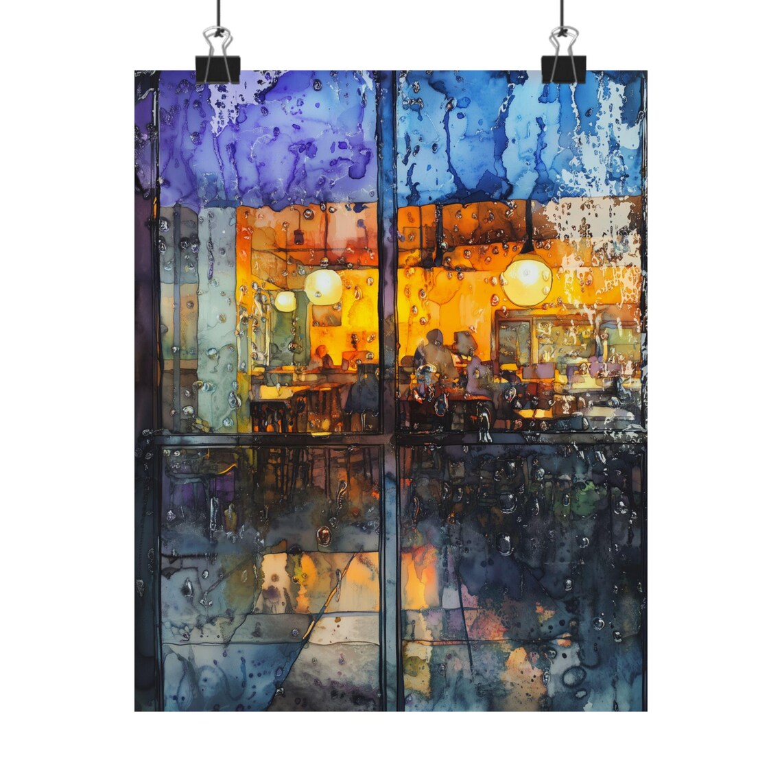 Rain Streaked Window Painting Coffee Shop Art Moody Cafe Scene Decor Rainy Weather Print Window View Wall Art