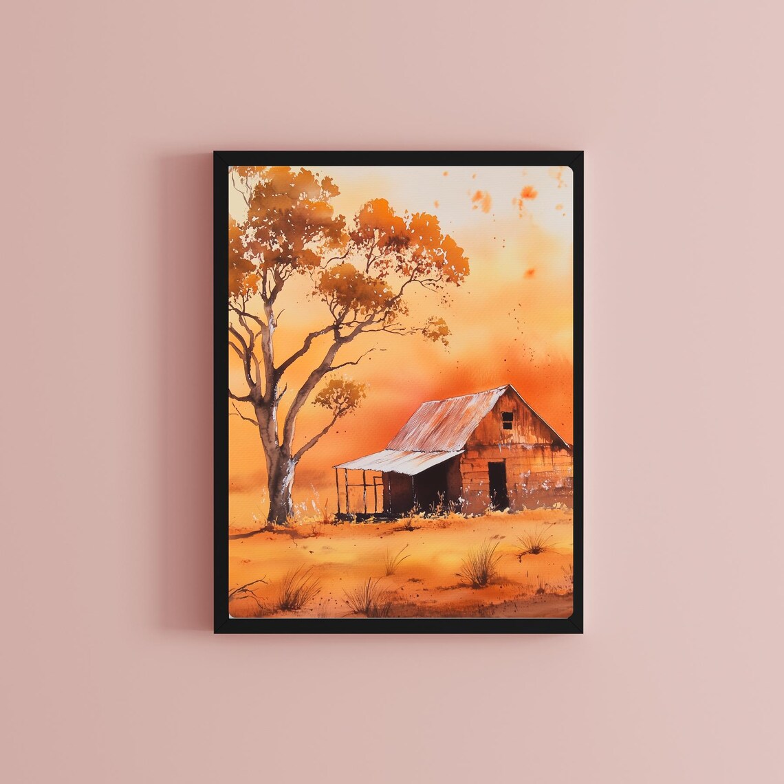 Weathered Barn at Sunset Autumn Tree Rustic Watercolor Poster - Image 2
