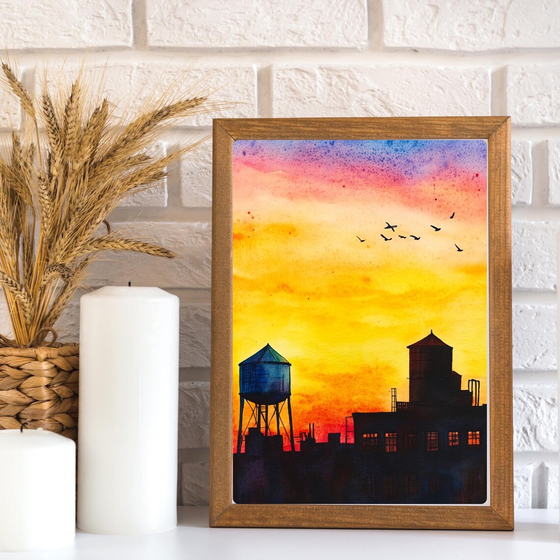 Urban Rooftop Sunset Silhouette Water Towers Birds Watercolor Poster - Image 2