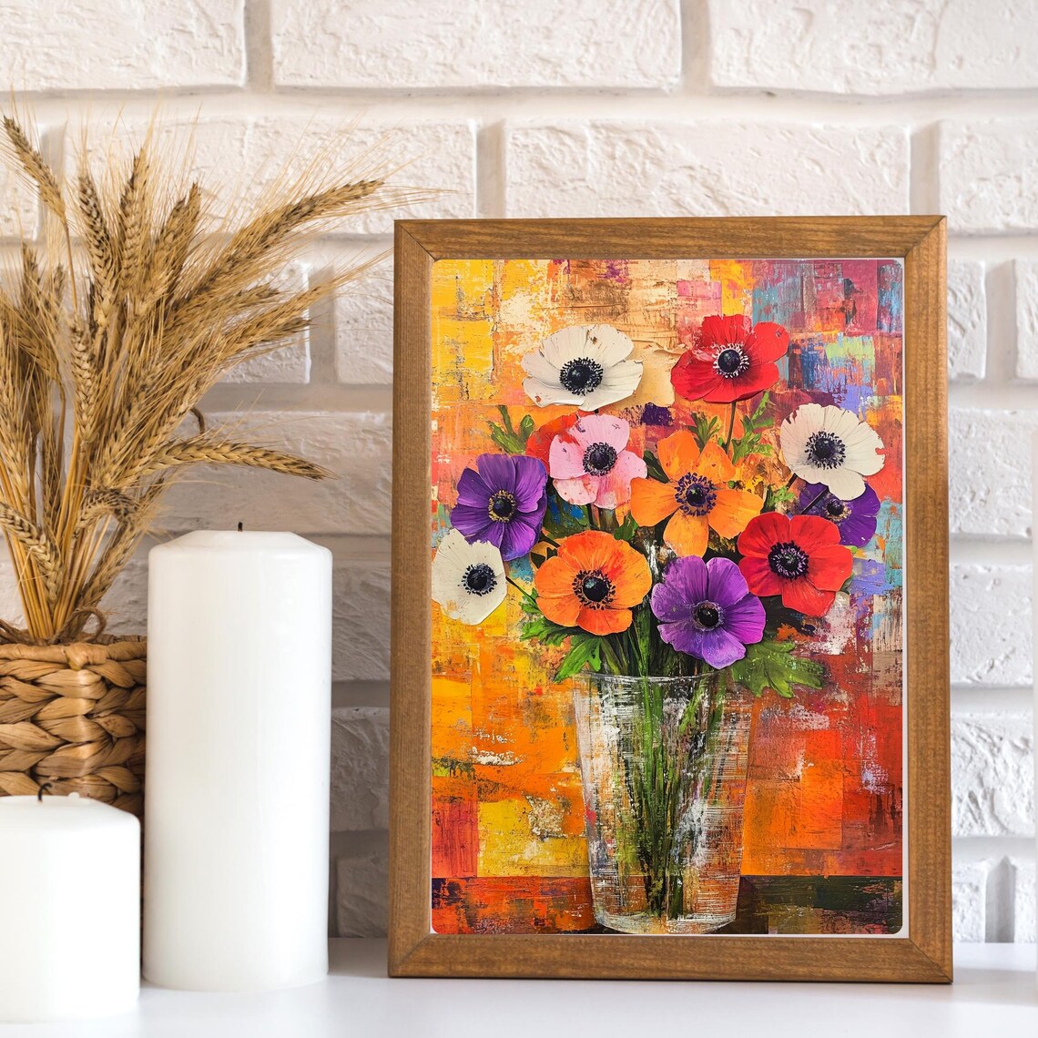 Colorful Anemone Bouquet in Glass Vase Textured Still Life Poster - Image 2