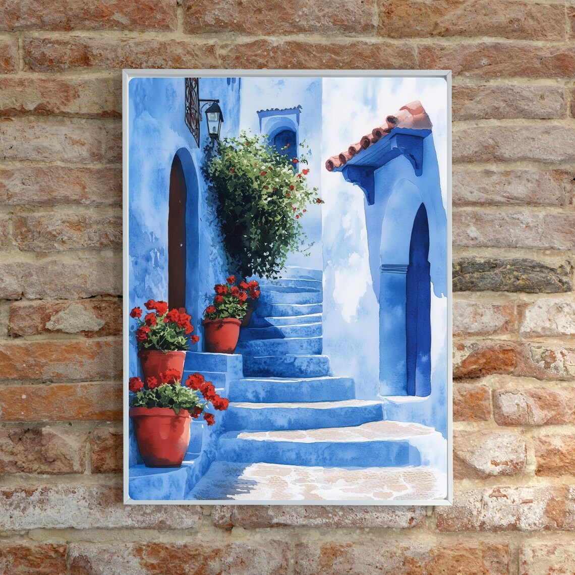 Chefchaouen Blue City Stairs with Red Flowers Watercolor Poster - Image 6