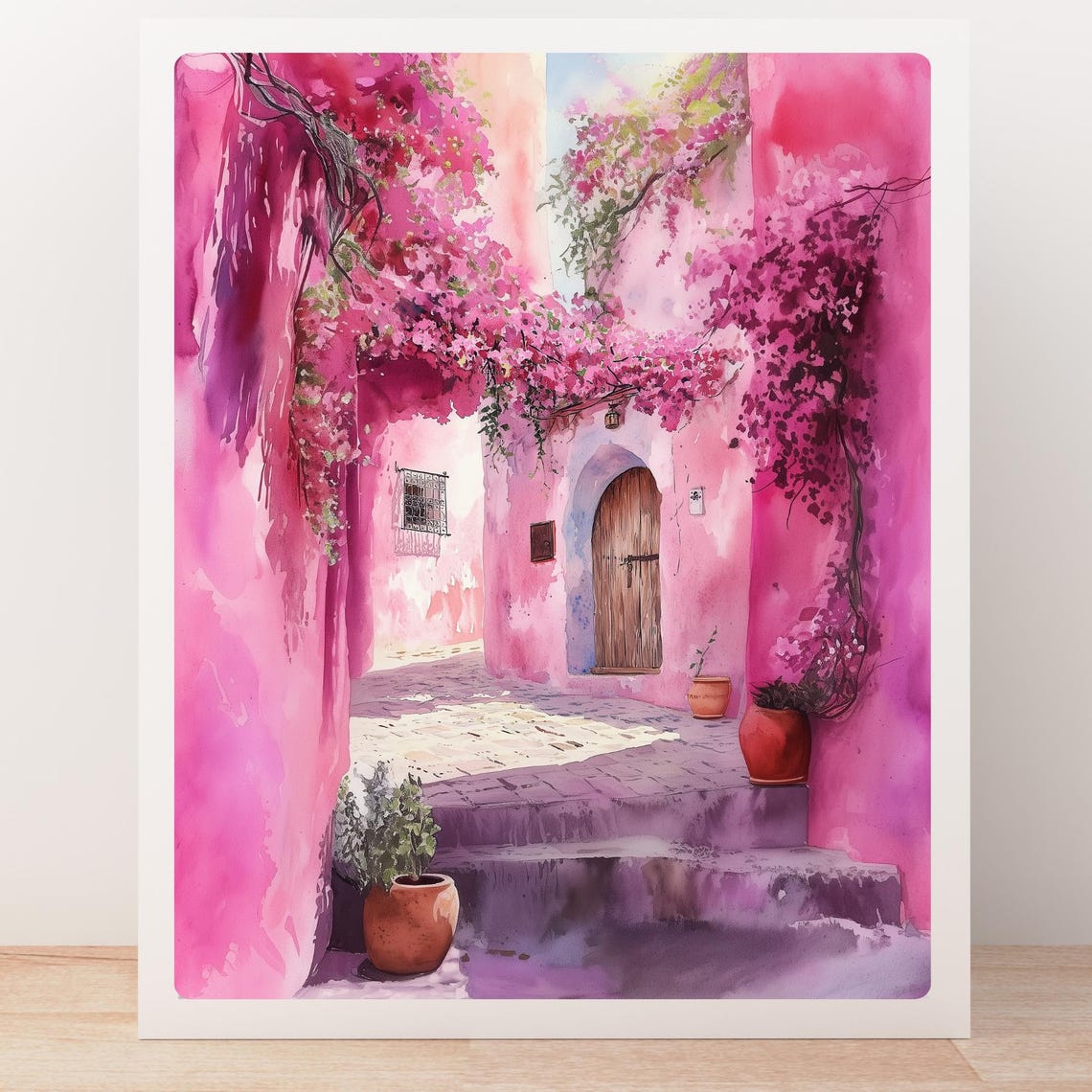 Pink Alleyway Art Print Colorful Watercolor Painting Mediterranean Architecture Wall Decor Floral Street Scene Art Exotic Print - Image 5