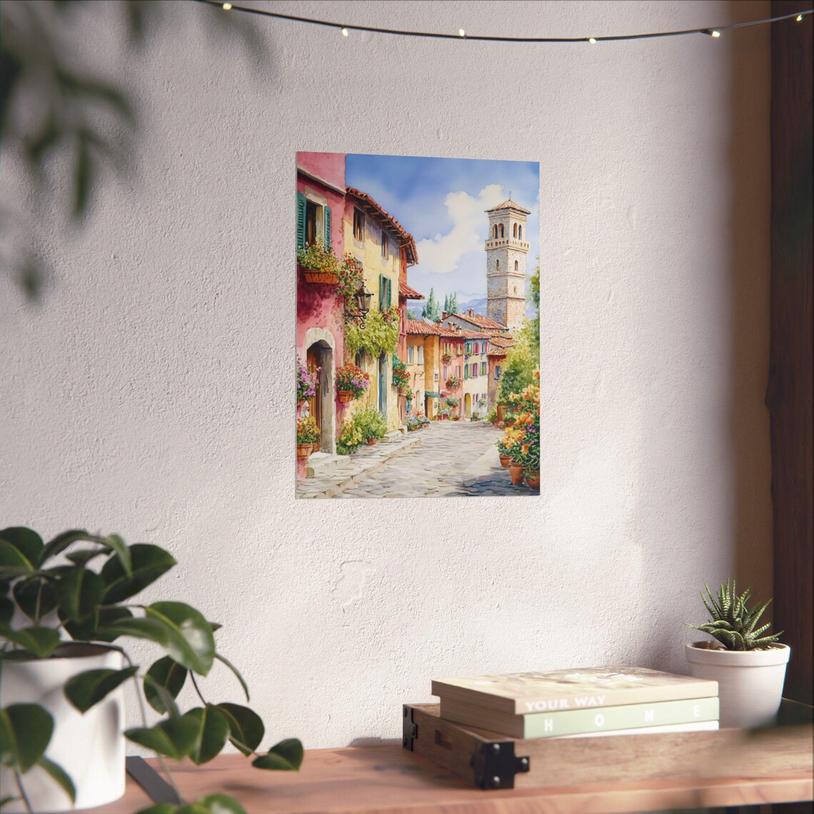 Colorful Italian Village Street with Bell Tower Watercolor Poster - Image 2