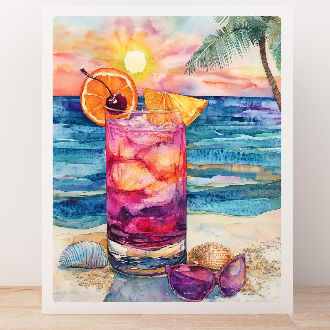 Pink Tropical Cocktail with Orange on a Beach at Sunset Poster - Image 6