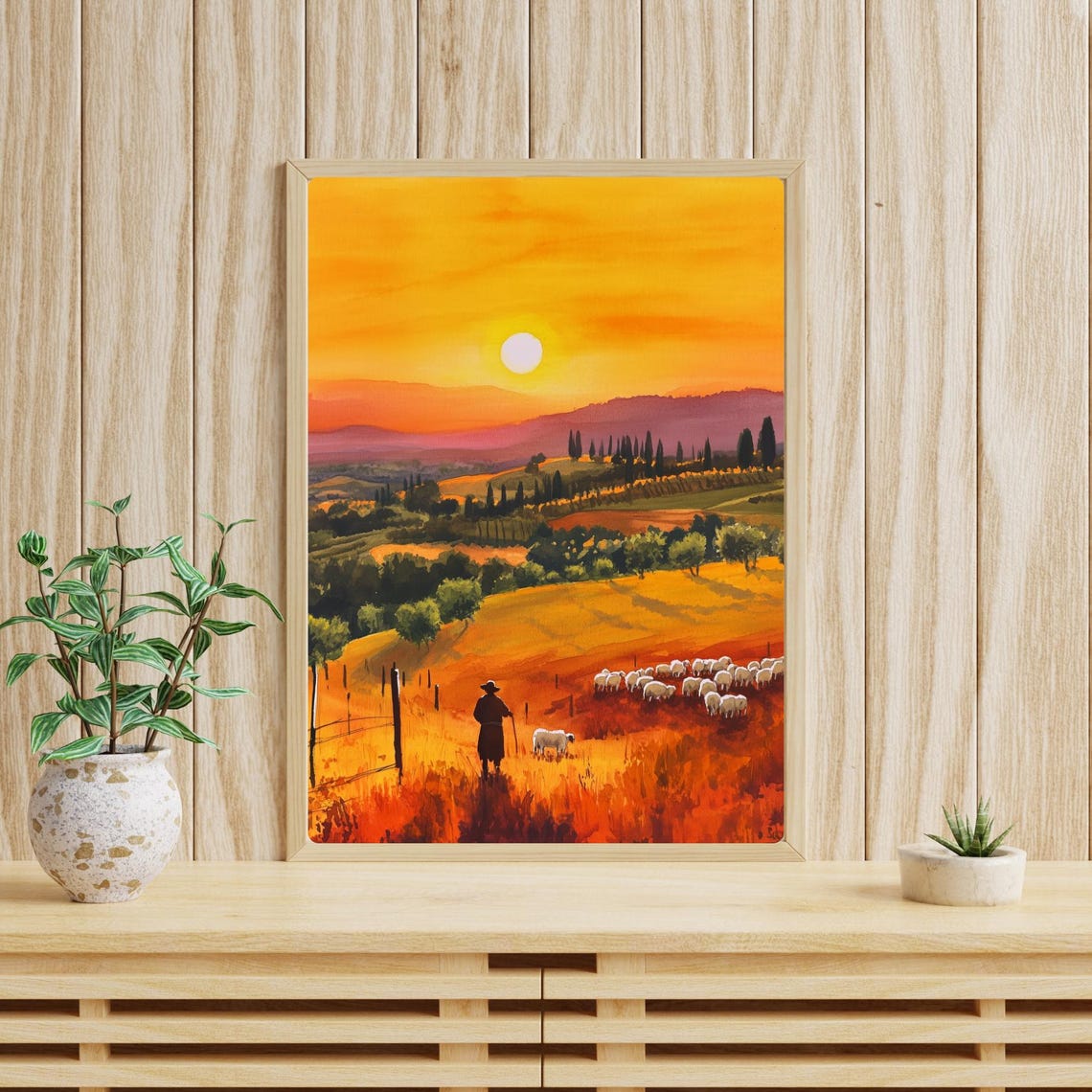 Tuscan Shepherd Leading His Sheep Across Golden Sunset Hills Poster - Image 4
