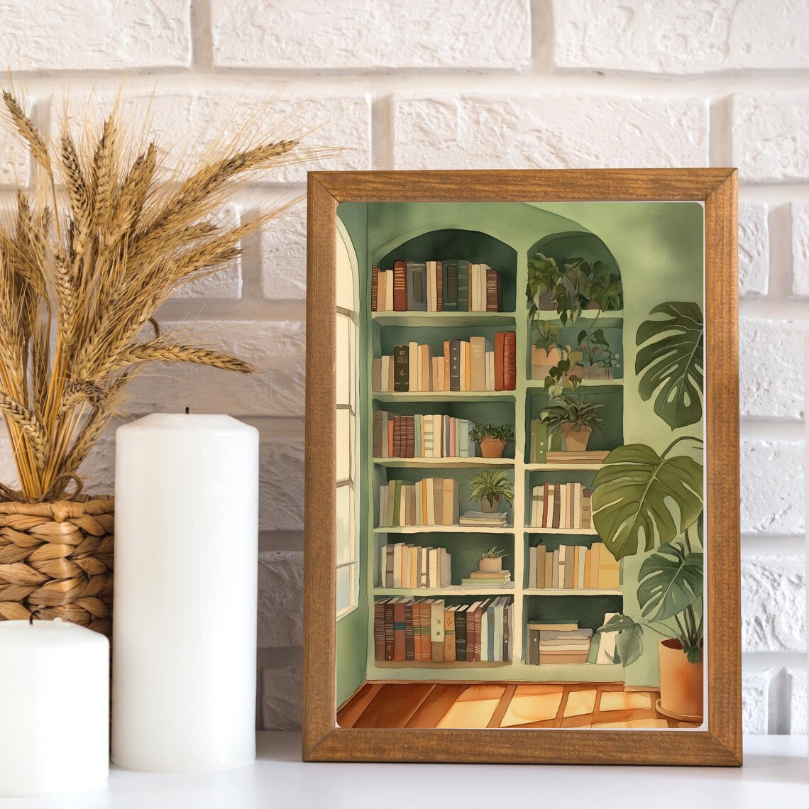 Green Reading Nook Bookcase Library Monstera Plant Watercolor Poster - Image 3