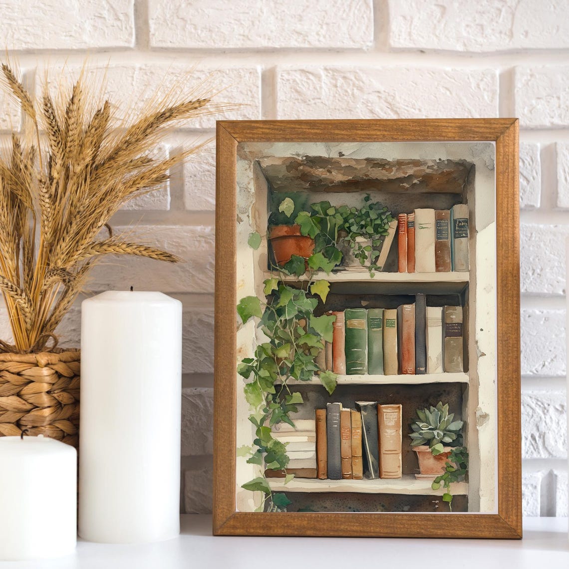 Antique Bookshelf Trailing Ivy Potted Plants Watercolor Library Poster - Image 3