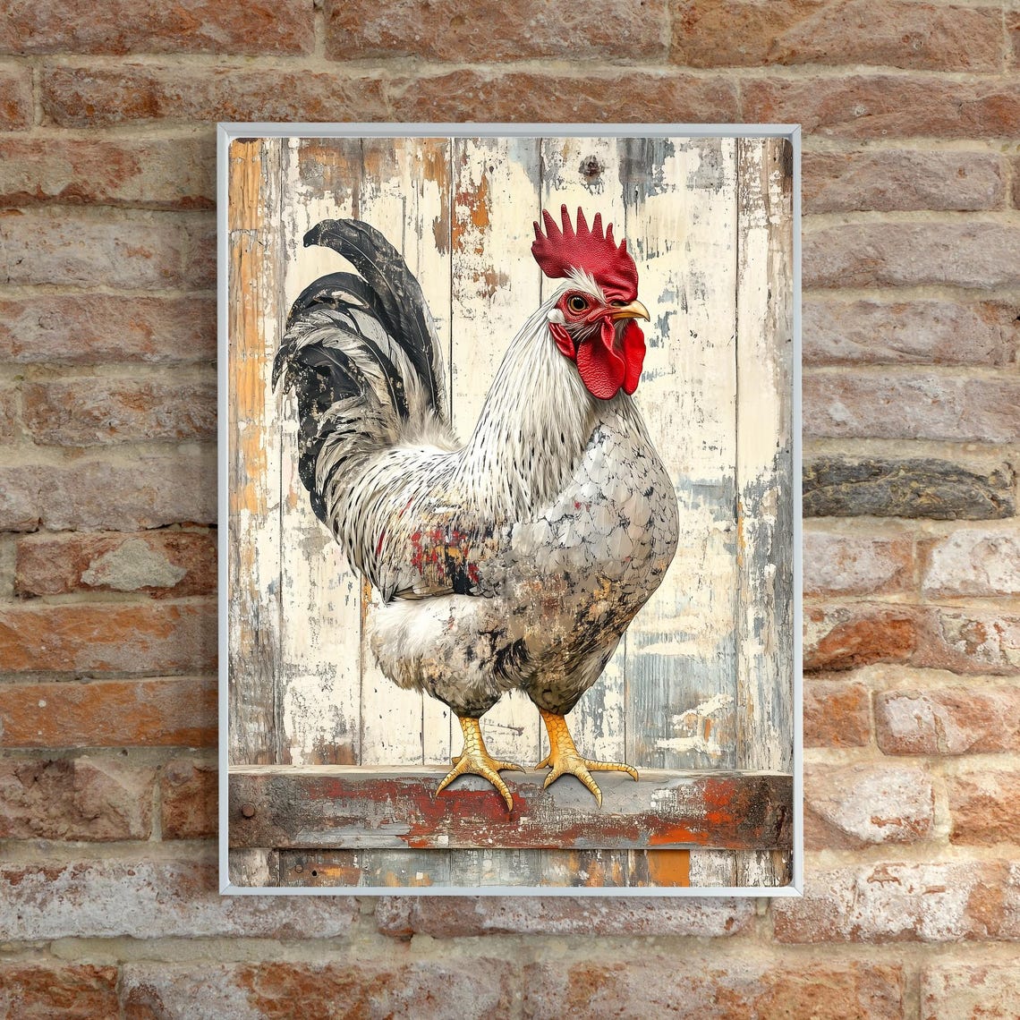 Rustic White Rooster Portrait on Distressed Barn Wood Poster - Image 6