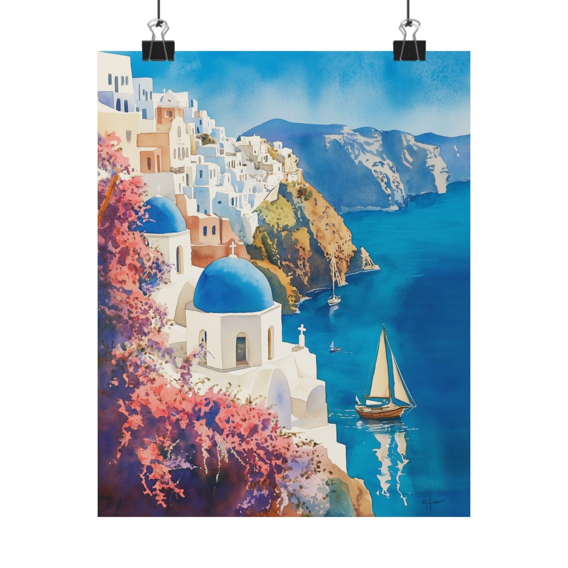 Santorini Caldera Watercolor Art Print, Greek Travel