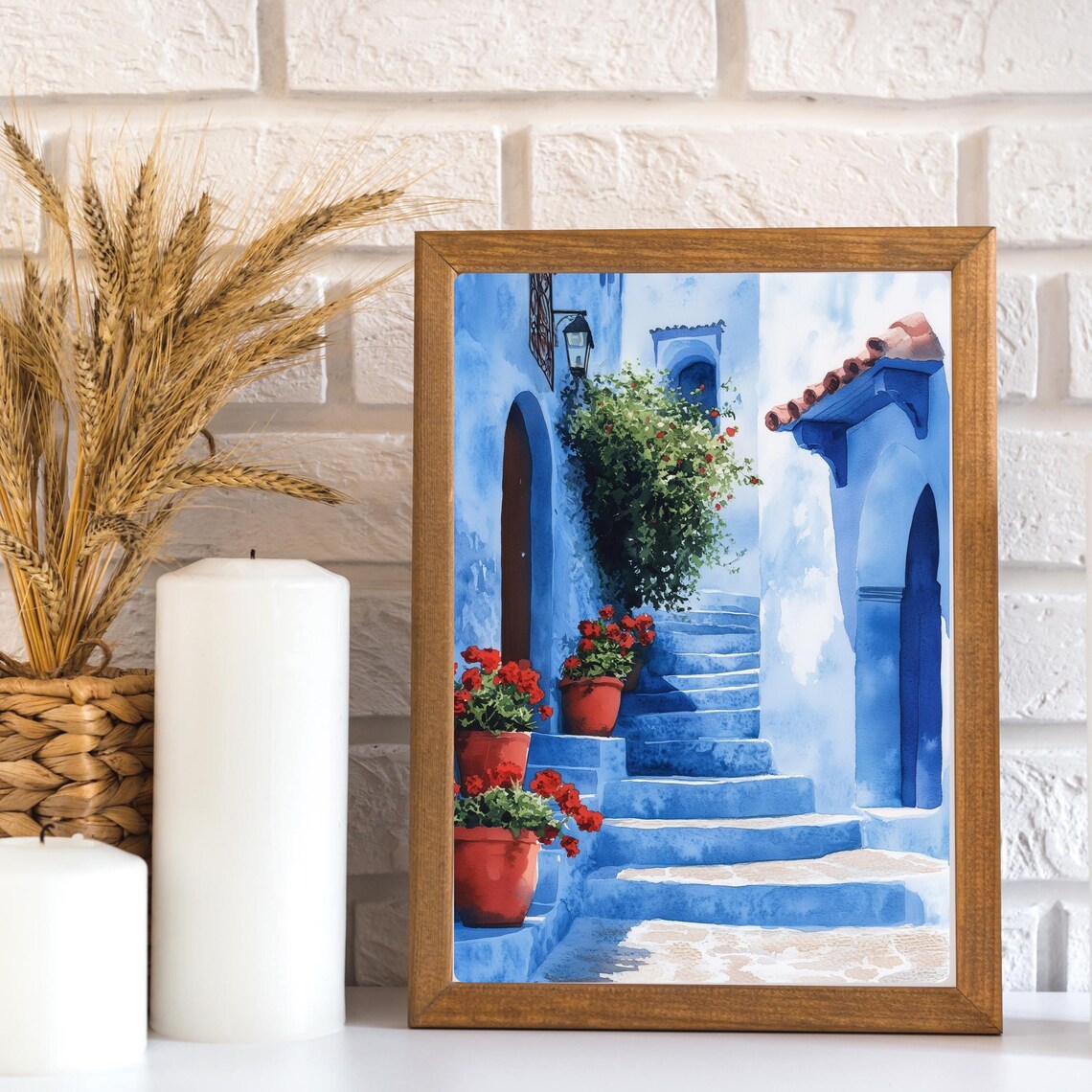 Chefchaouen Blue City Stairs with Red Flowers Watercolor Poster - Image 3
