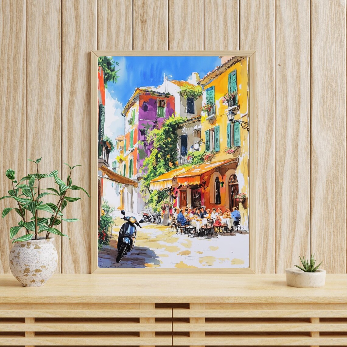 Italian Pizzeria Square Colorful Vespa Street Gouache Poster - Image 4
