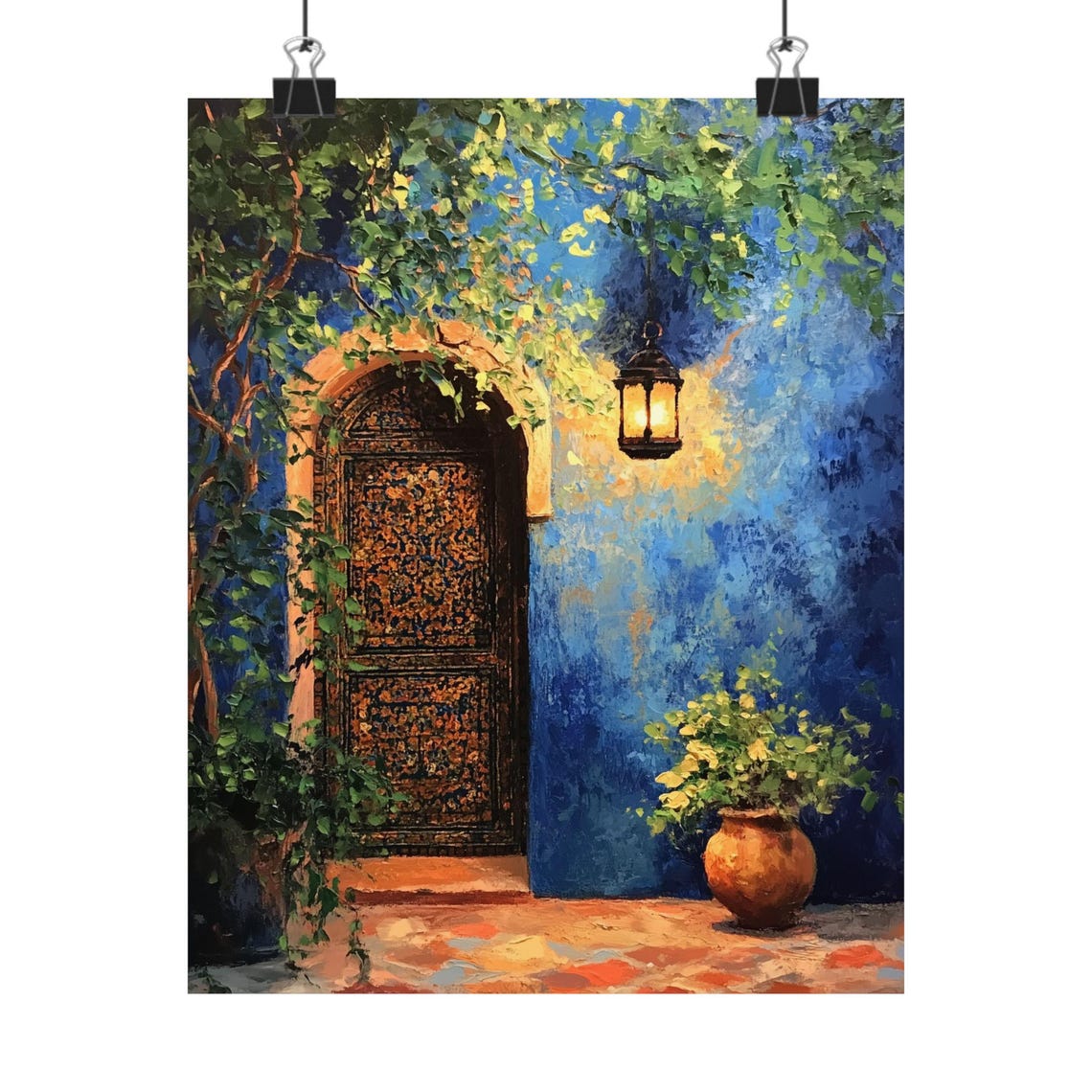 Moroccan Courtyard Night Blue Wall Carved Door Lantern Glow Poster