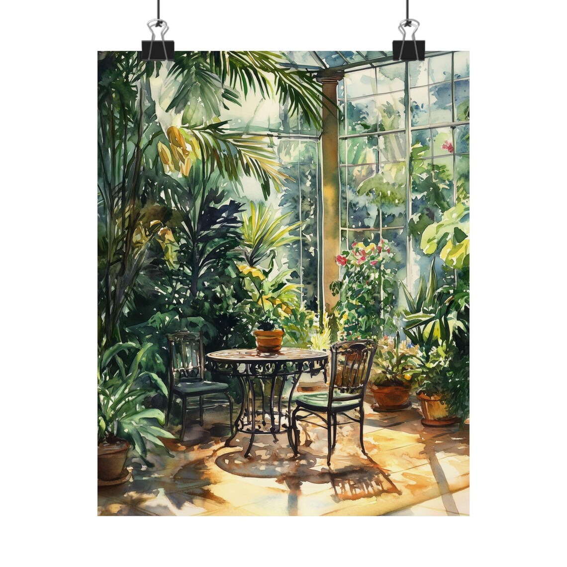 Sunlit Greenhouse Conservatory with Table Chairs Watercolor Poster