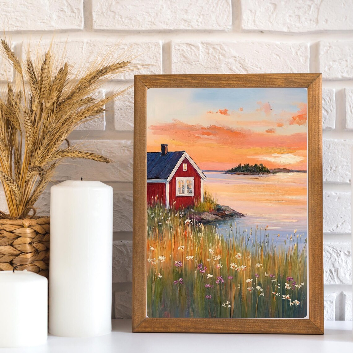 Classic Red Coastal Cabin at Sunset Wildflowers Calm Sea Poster - Image 3