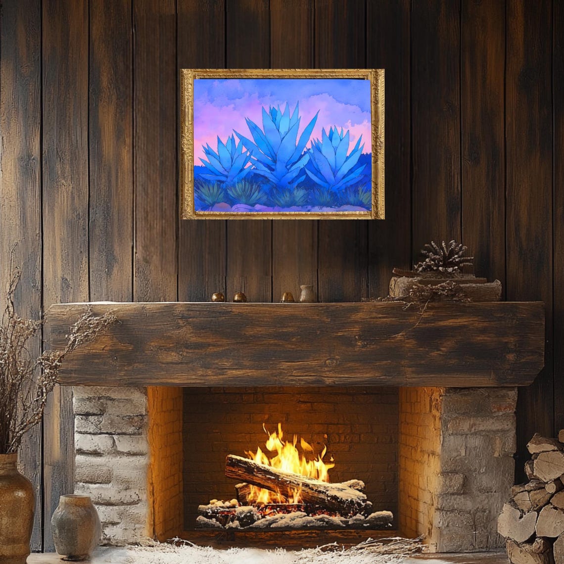 Three Blue Agave Plants Desert Sunset Pink Sky Watercolor Poster - Image 3