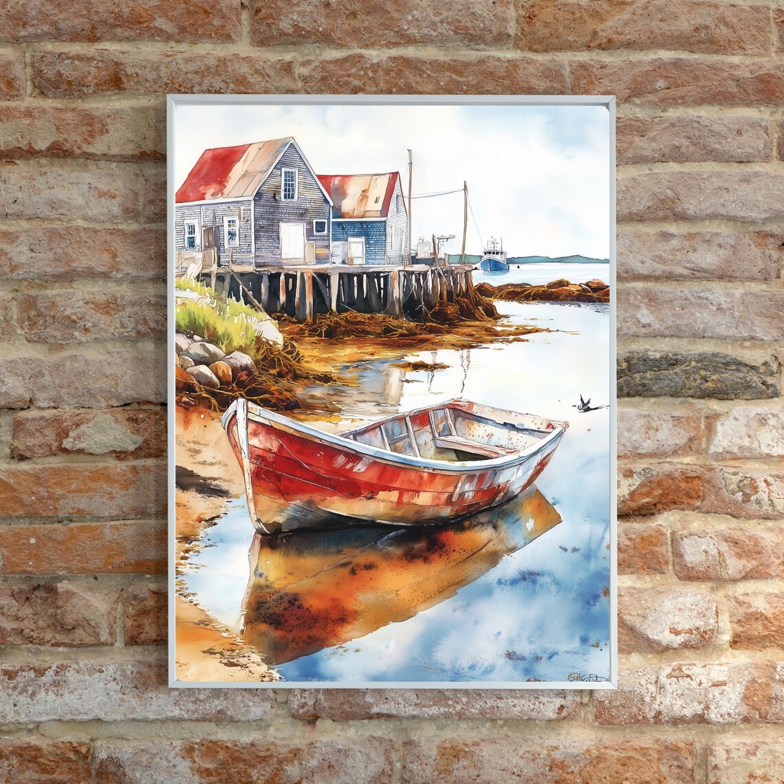 Fishing Village Watercolor Coastal Scene Art Print - Image 4