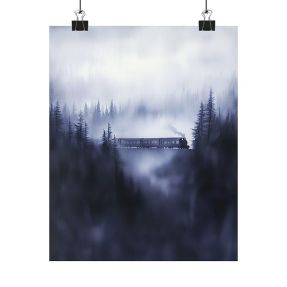 Misty Train Art Print Railroad Through Trees Watercolor Landscape Ethereal Transport Decor Ghostly Railway Minimalist Painting