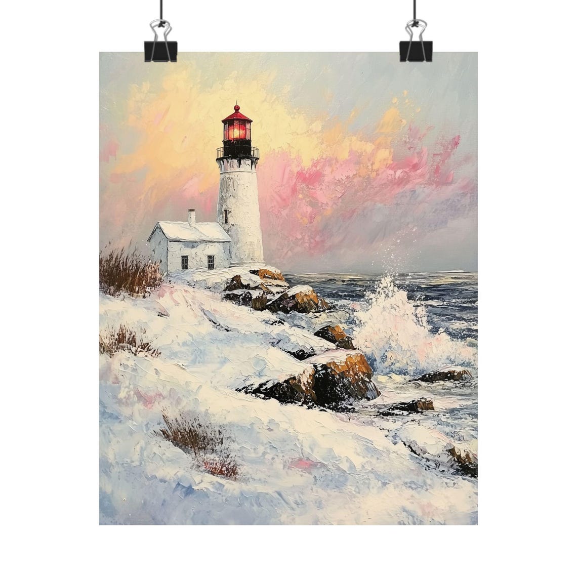 Winter Lighthouse Art New England Coastal Painting Snowy Scene Print Ocean Waves Wall Decor Coastal Lighthouse Art Matte Print