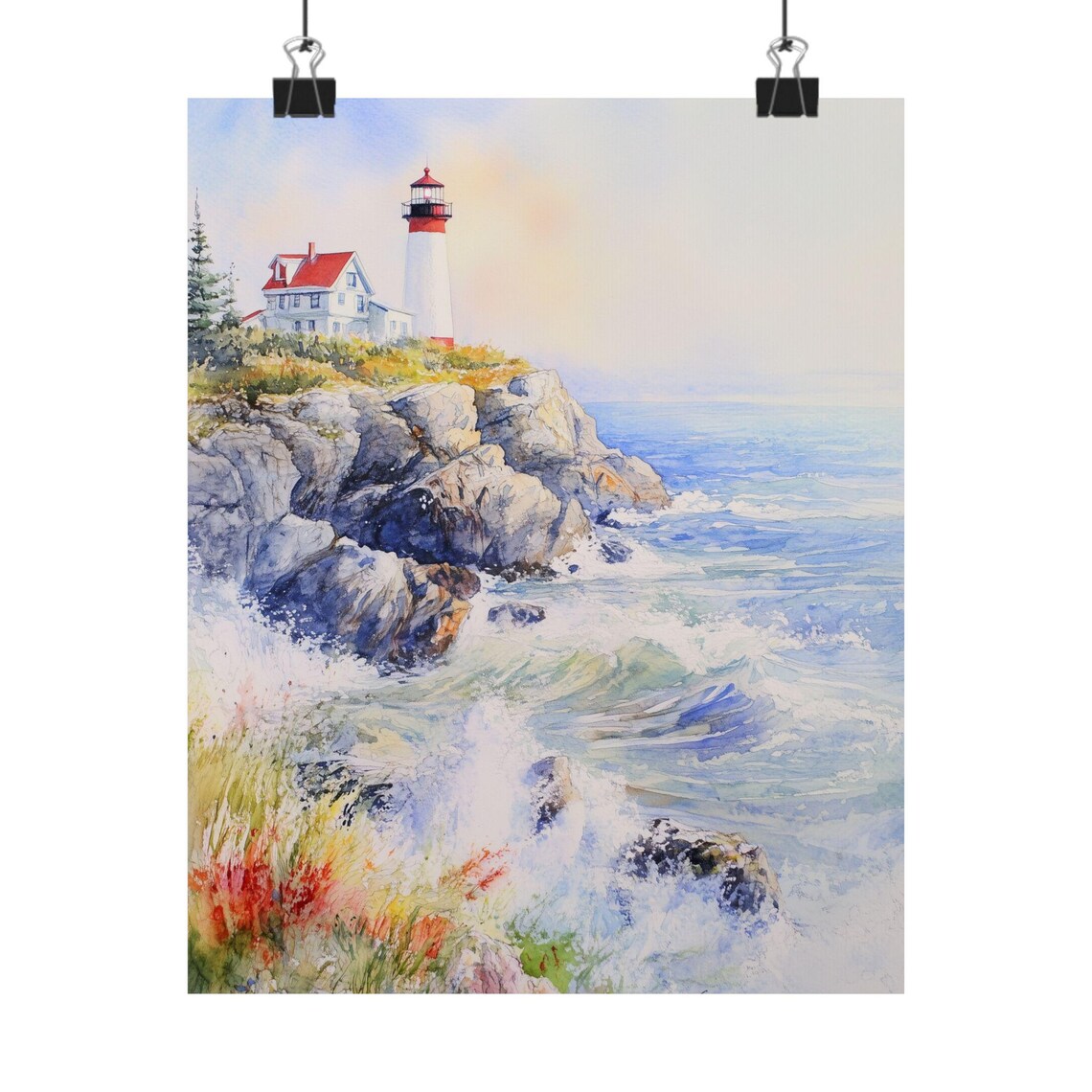 Maine Lighthouse Waves Crashing Rocky Coast Watercolor Poster