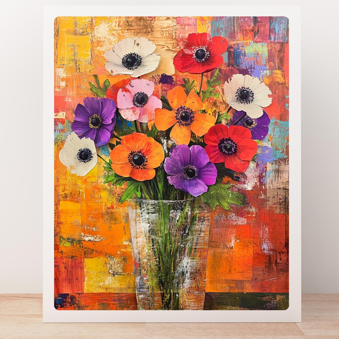 Colorful Anemone Bouquet in Glass Vase Textured Still Life Poster - Image 4