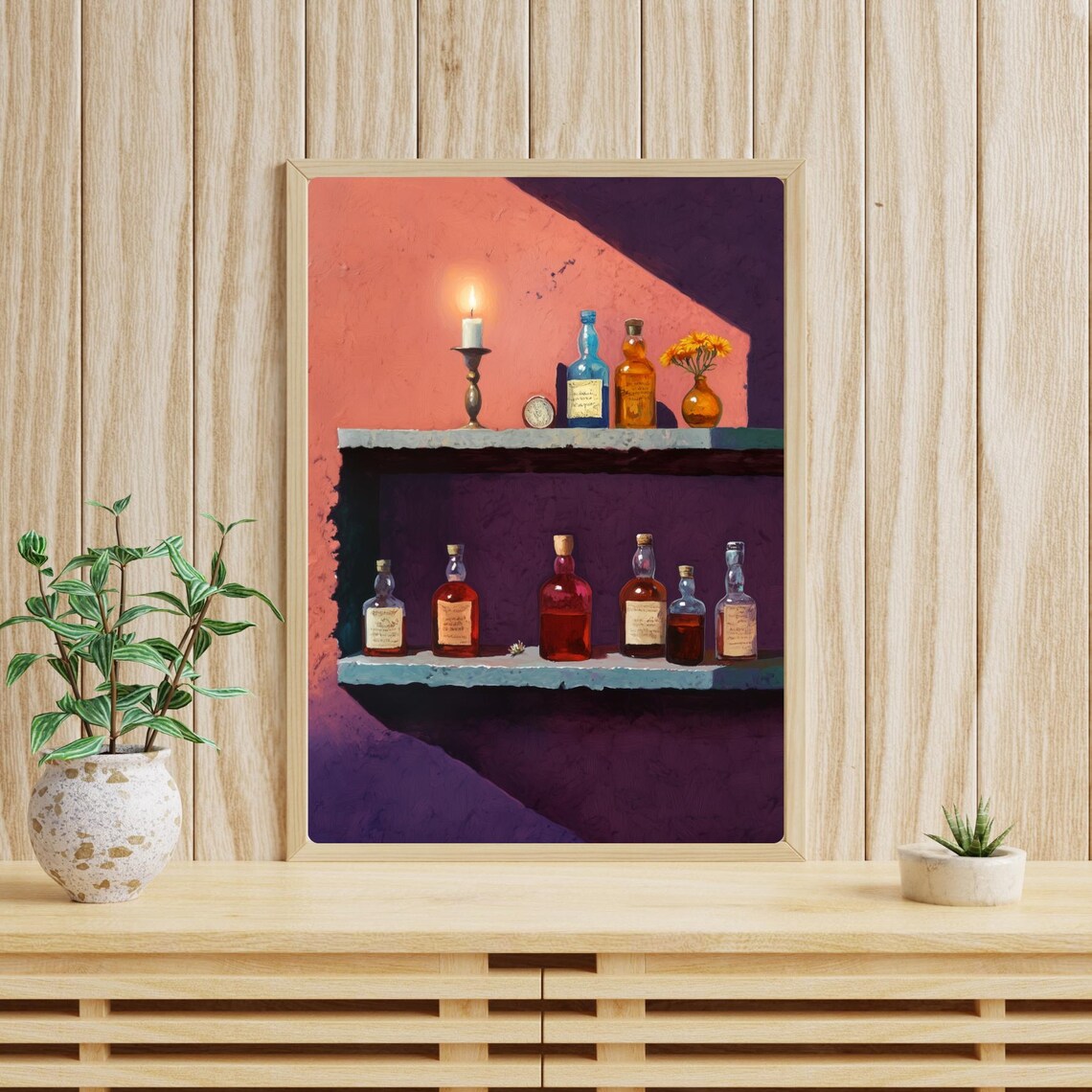 Mezcal Bar Still Life Candlelight Spirit Bottles Painting Poster - Image 4