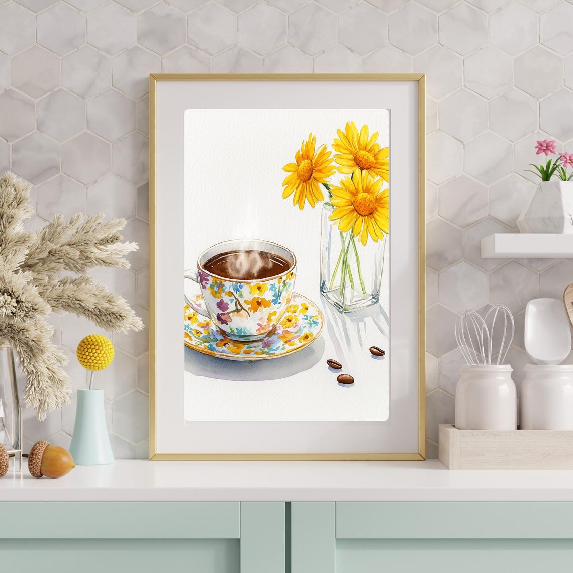 Floral Coffee Cup Yellow Daisies Cheerful Spring Morning Wall Art - Image 4