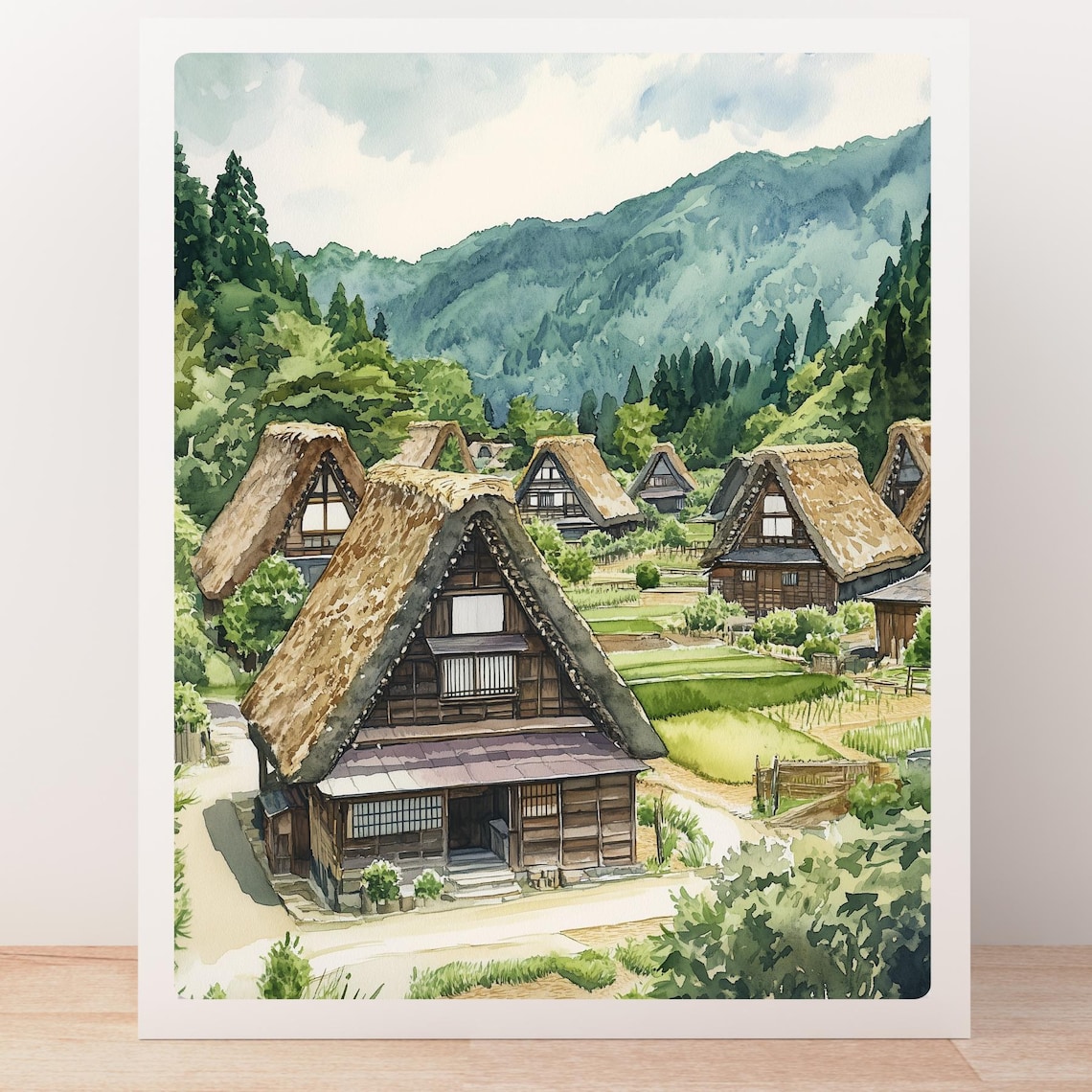 Shirakawa-go Japan Thatched Roof Village Watercolor Art Poster - Image 5