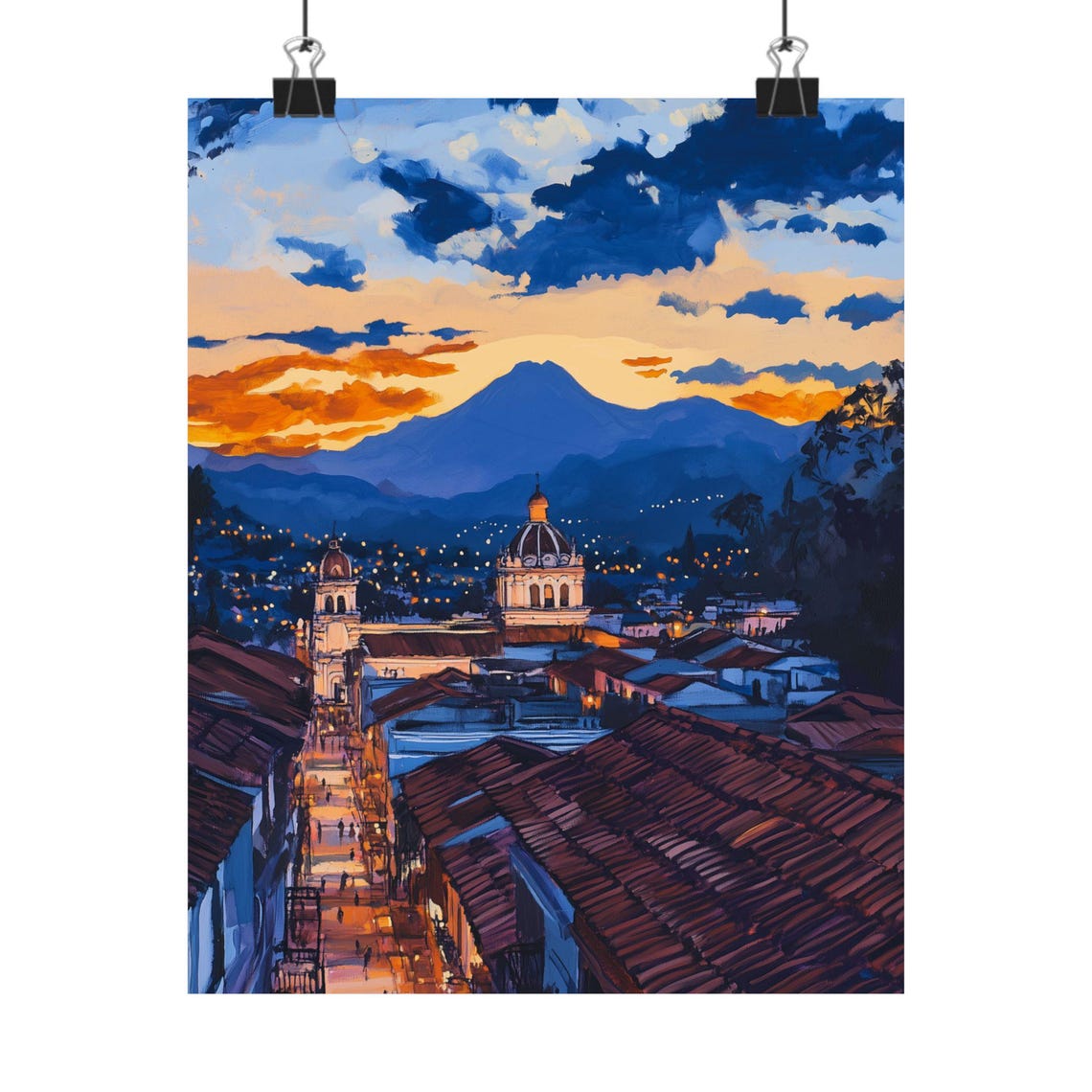 Quetzaltenango Guatemala City Lights with Volcano Behind Poster