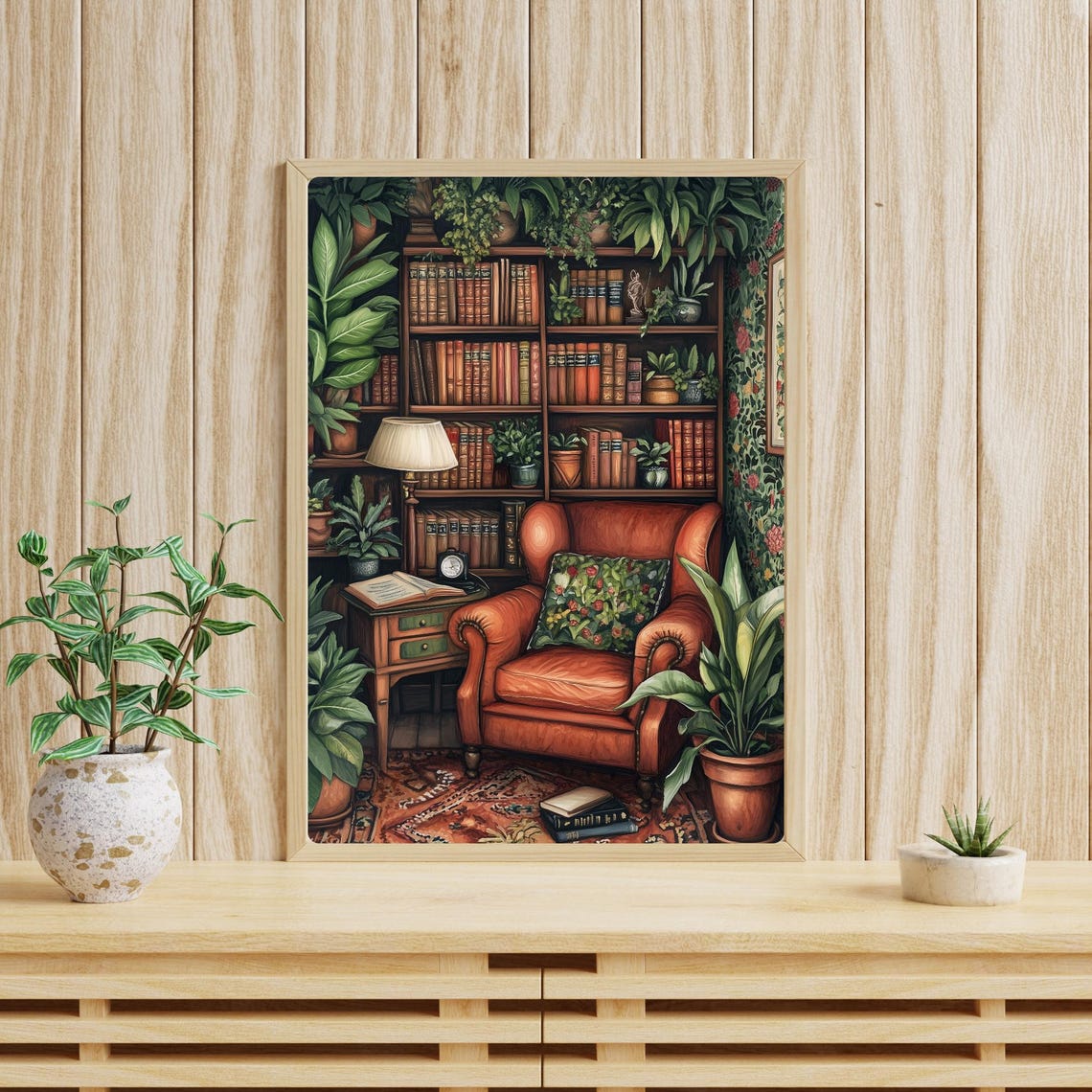 Botanical Reading Nook with a Leather Armchair and Books Print - Image 4