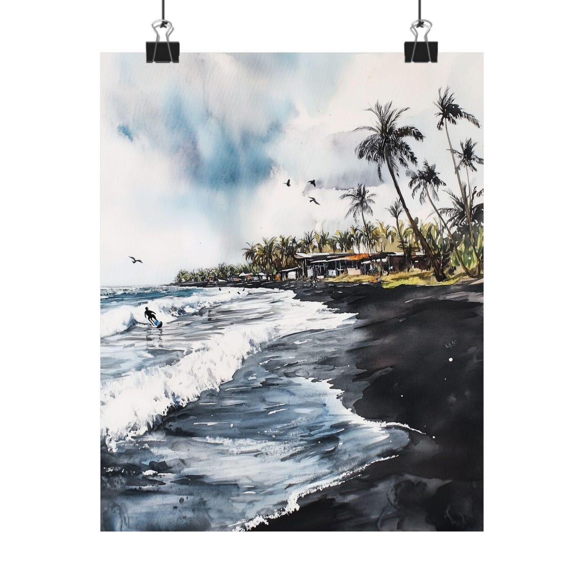 Surfer Riding Waves on a Moody Black Sand Tropical Beach Poster