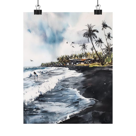 Monterrico Black Sand Beach Art Print Guatemala Coastal Painting Dramatic Beach Wall Decor Surfing Art Palm Trees