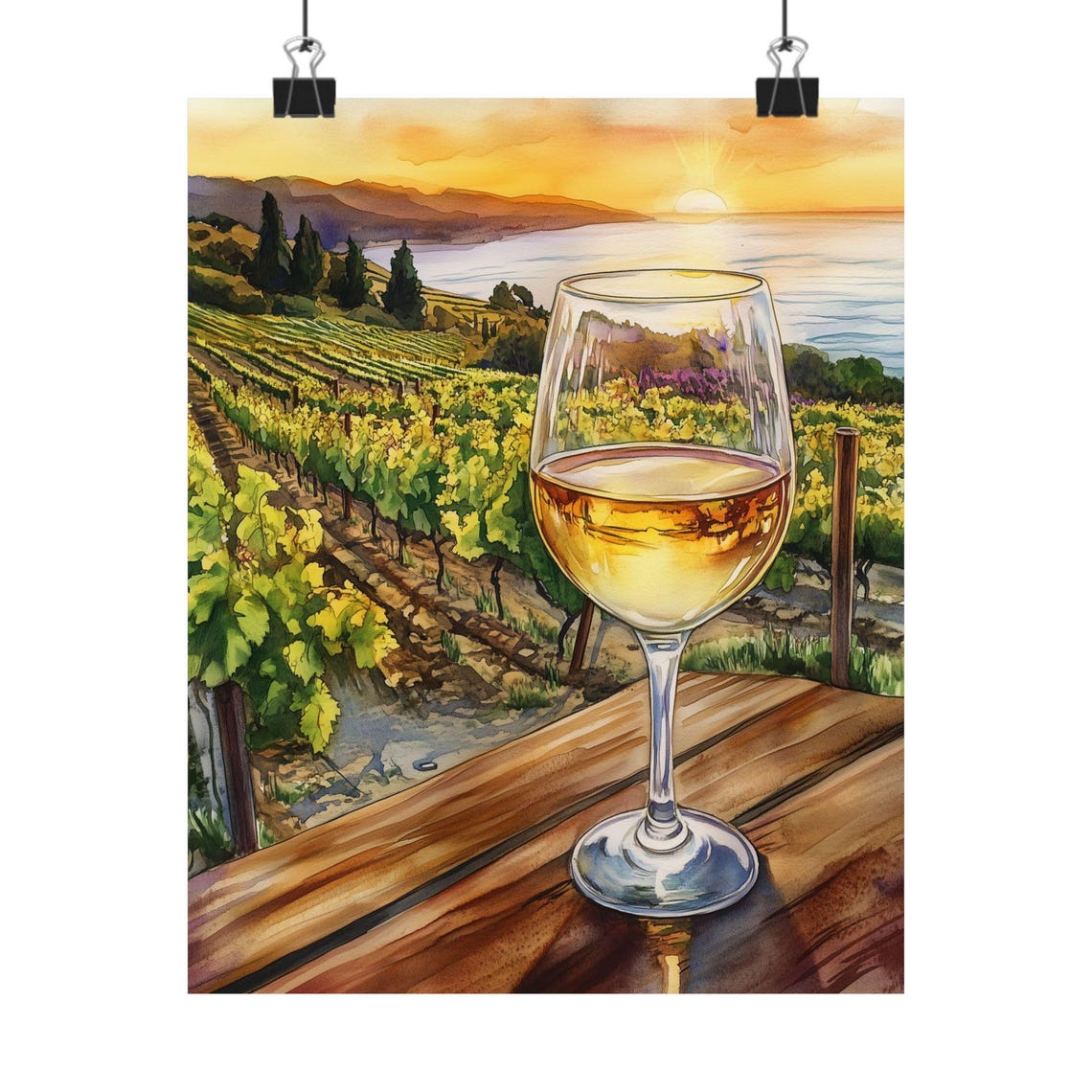 White Wine Glass Above Vineyard Rows at a Coastal Sunset Poster