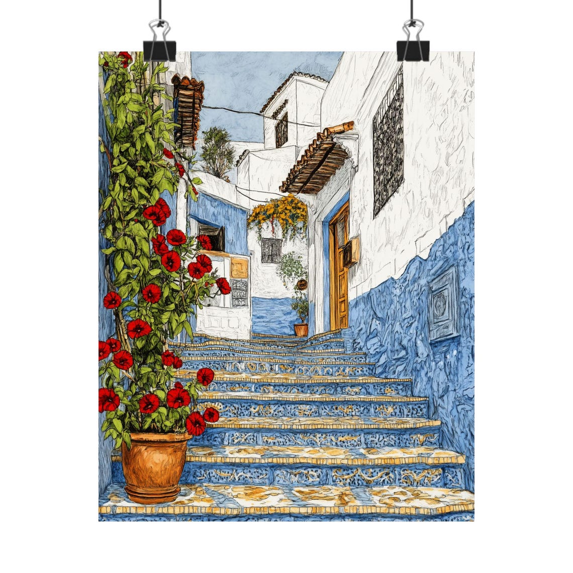 Moroccan Blue Alley Staircase with Red Geraniums Ink Drawing Poster