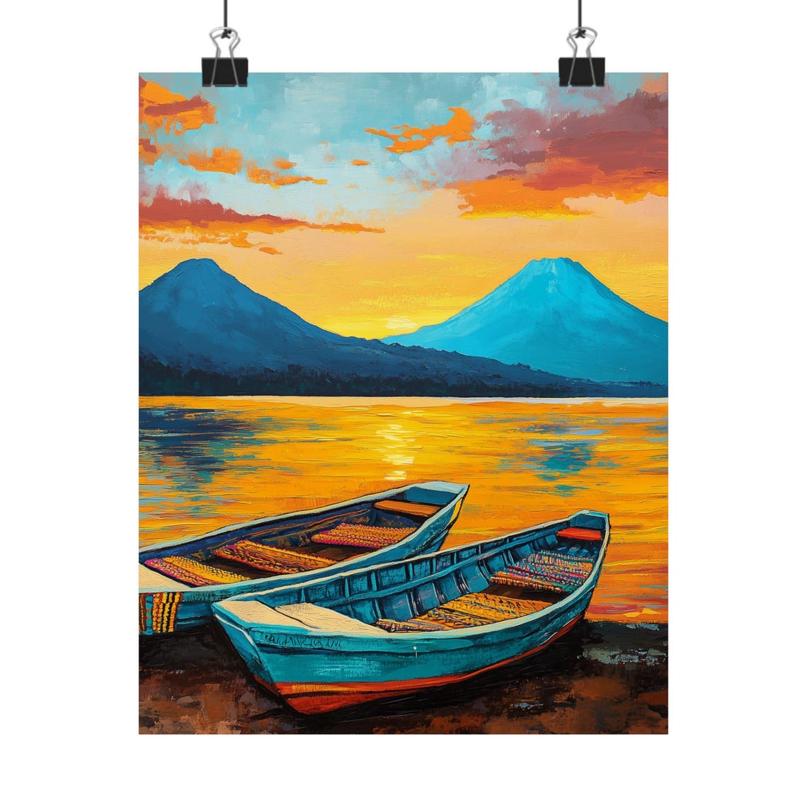 Lake Atitlan Painting Guatemalan Volcano Landscape Art Print Highland Lake Decor Sunrise Over Water Lakeside Print Peaceful Sun