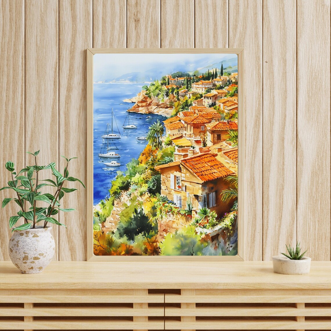 French Riviera Coastal Village with Sailboats Watercolor Poster - Image 3