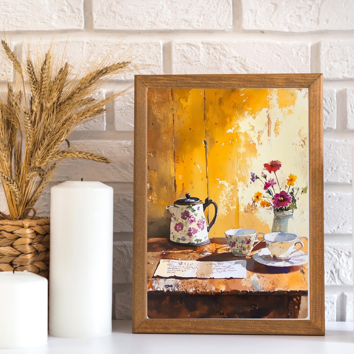 Vintage Floral Teapot and Teacups Still Life on Wood Table Print - Image 3
