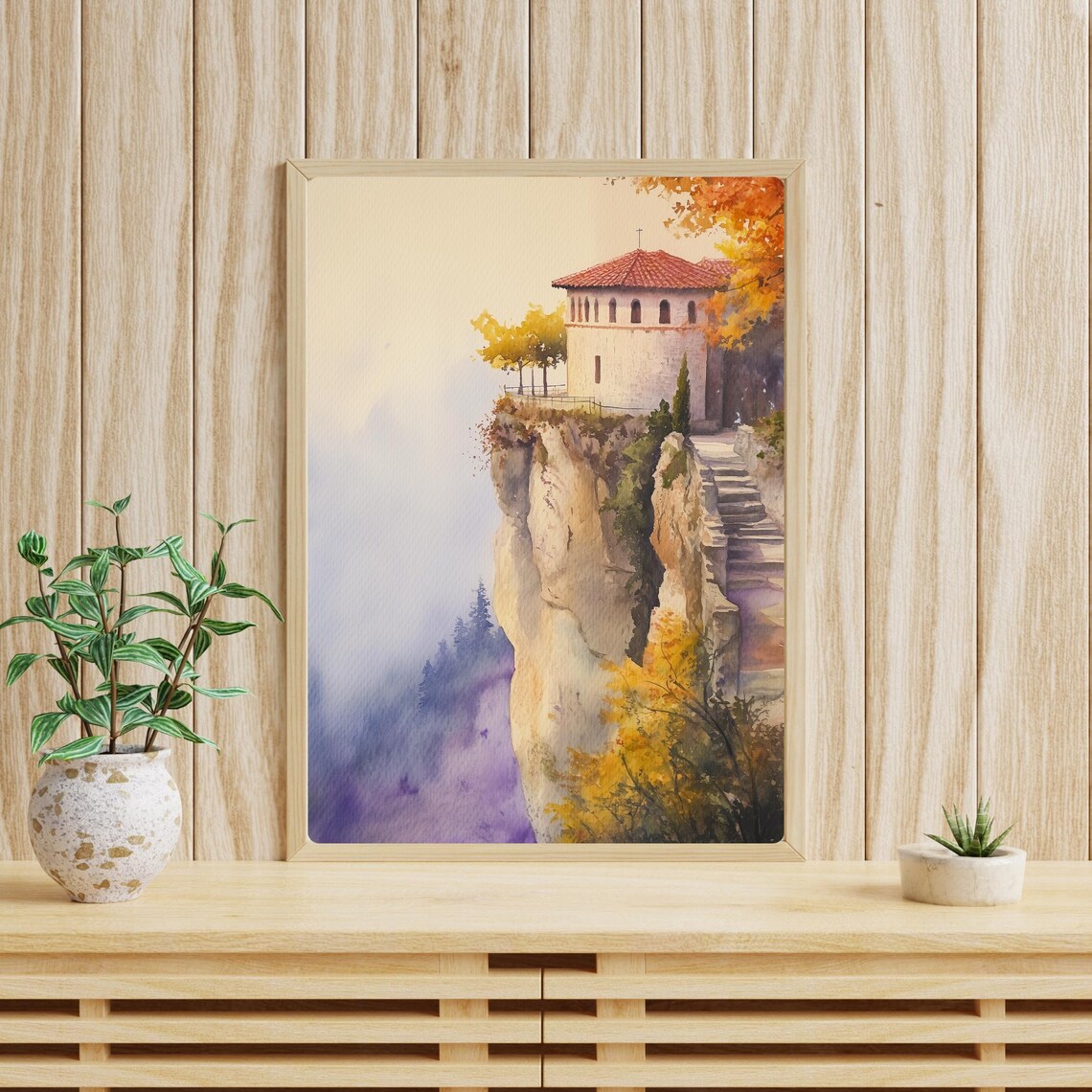 Cliffside Monastery Chapel in Golden Autumn Mist Watercolor Poster - Image 4