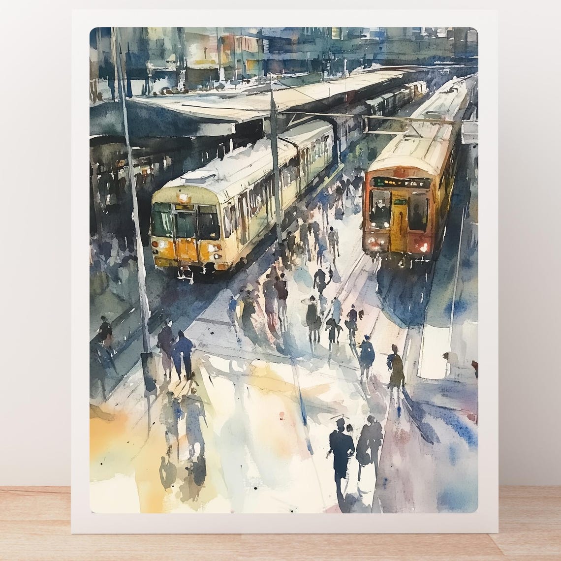 Busy European Train Station Commuter Watercolor Urban Scene Poster - Image 5