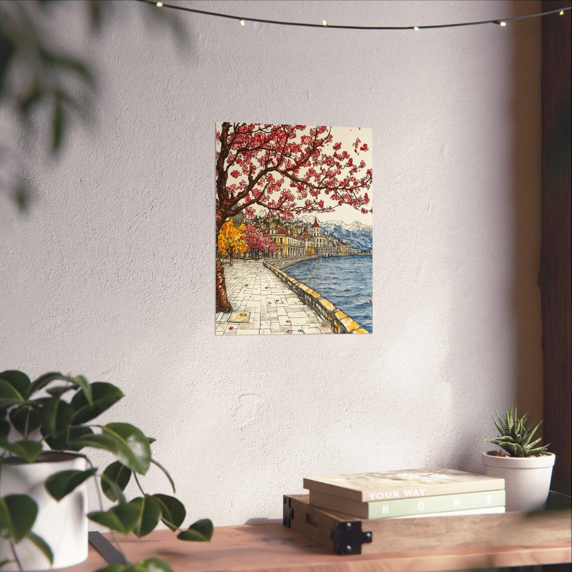 Lake Geneva Cherry Blossoms Promenade Montreux Ink Watercolor Poster - Image 3