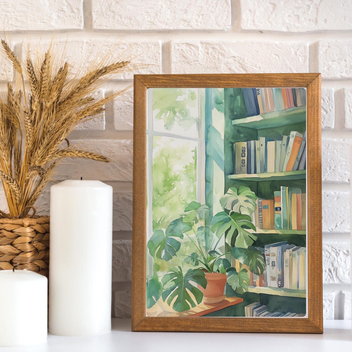 Monstera Plant Window Reading Corner Bookshelf Watercolor Poster - Image 3