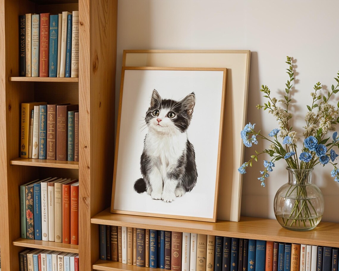 Sweet Black and White Kitten Sitting Cat Lovers Decor Poster - Image 2